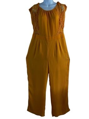 Sleeveless Lace-Trim Mustard Jumpsuit with Wide Leg Boho Chic SZ XL Plus